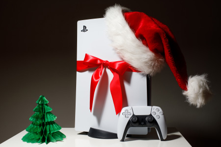 Play Station 5 with Santa hat